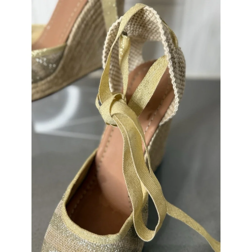 Kate Spade Gold Tan Espadrille Wedge Ankle Tie Sandals Shoes Women's Size 8M EUC